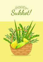 Happy Sukkot greeting card. Wicker basket with traditional symbols of the Judaic festival - etrog, lulav, hadas, arava. Feast of Tabernacles or Festival of Ingathering. Jewish religious holiday vector