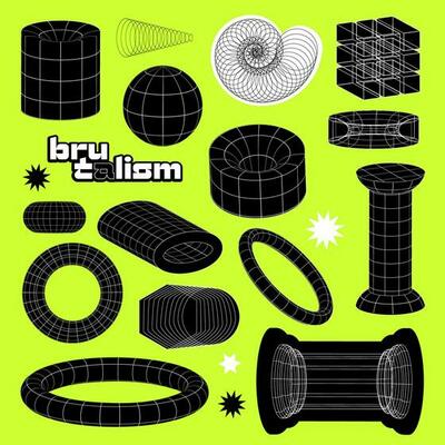 Retro techno abstract geometric shapes set in brytalism style. Minimal line art design simple figures. Trendy graphic grid elements vector illustration. Modern art decor basic signs. Vintage aesthetic