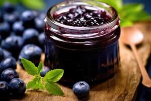 blueberry jam kitchen table professional food photography AI Generated photo