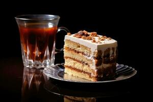 iced coffee with a slice cake Profesional advertising Food Photography AI Generated photo