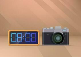 Digital alarm clock and vintage camera. vector