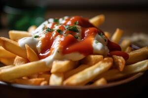 stock photo of fried fries with tomato sauce and mayonnaise food photography