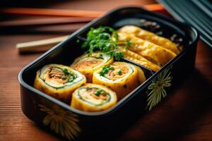 stock photo of Tamagoyaki Japanese Rolled omelette in bento Editorial food photography