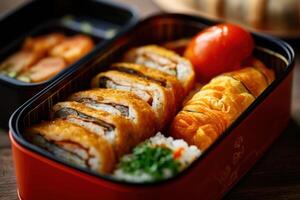 stock photo of Tamagoyaki Japanese Rolled omelette in bento with rice food photography