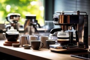 stock photo of make modern grind coffee maker in the kitchen table food photography