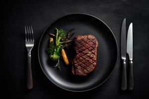 stock photo of wagyu beef steak Roast in plate with knife and fork food photography