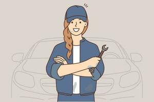 Smiling woman technician with tool in hands repairing automobile. Happy female mechanic with equipment working fixing car. Vector illustration.