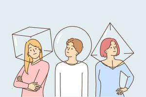 diverso personas con cabezas en geométrico cifras. empleados o colegas teniendo personal punto de vista. concepto de uno tipo comunicación. vector ilustración.