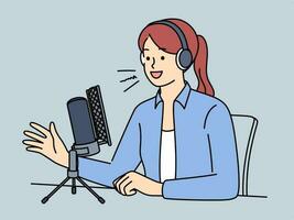 Smiling female radio host in headset talking in live broadcast. Happy woman broadcaster speak record podcast in studio. Vector illustration.