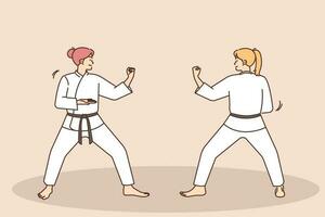 Women in white uniform practice judo fighting. Females engaged in martial arts training. Sport and hobby concept. Vector illustration.