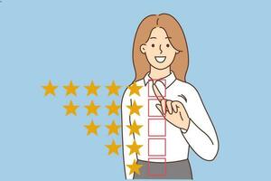 sonriente mujer dar cinco estrella clasificación a bueno calidad servicio. contento hembra cliente sensación satisfecho dando mejor comentario. cliente satisfacción. vector ilustración.