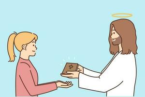 Jesús Cristo dar Biblia a sonriente pequeño niña niño. Dios mano religioso libro a contento pequeño niño enseñar religión. fe y creencia. vector ilustración.