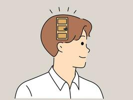 Young man head with doors in it. Male with doorway in brain. Concept of human mind and problem solving. Vector illustration.