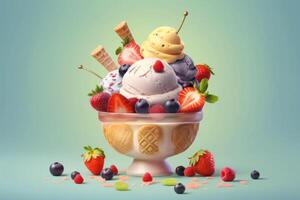 stock photo of ice cream with cup mix fruits topping food photography