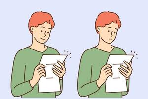 joven hombre leyendo bueno y malo Noticias en papel carta. masculino Mira a papeleo documento recibir positivo versus negativo responder o comentario. vector ilustración.