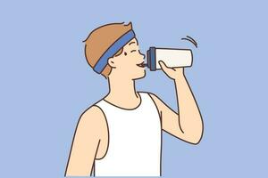 Thirsty young man drink water tired after running or workout. Exhausted guy enjoy beverage training or exercising. Vector illustration.