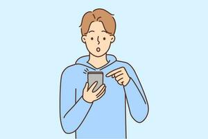 Surprised young man look cellphone screen shocked by message online. Stunned guy amazed with text or news on smartphone. Vector illustration.