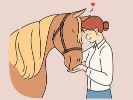 Happy young woman hugging horse. Smiling girl cuddle embrace animal on farm show love and care. Vector illustration.