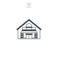 Warehouse icon vector represents a stylized storage facility, signifying logistics, supply chain, inventory, distribution, and commerce