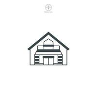 Warehouse icon vector represents a stylized storage facility, signifying logistics, supply chain, inventory, distribution, and commerce