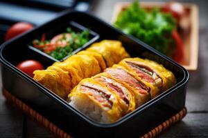 stock photo of Tamagoyaki Japanese Rolled omelette in bento with rice food photography