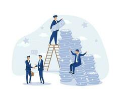 Office Business People Earn Money, Happy Co-worker Sit on Stack money coin, flat vector modern illustration