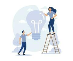 Creating Business Idea. New Technologies. Man and Woman Hold Yellow Lamp in Hand, flat vector modern illustration