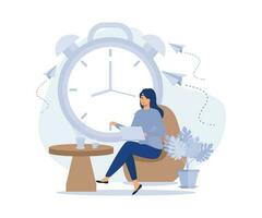 hora a tomar descanso y relajarse, mujer caracteres Bebiendo café tener descanso terminado grande reloj, plano vector moderno ilustración