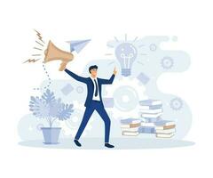 Bright Flyer Creative Thinking for Finding Ideas, Effective Event for Developed People, Man Stands among Books with Loudspeaker, next to Light Bulb, flat vector modern illustration