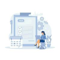 Characters preparing documents for tax calculation, making income tax return and calculating business invoices. flat vector modern illustration