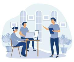 equipo Tres masculino oficina trabajadores, activamente que se discute nuevo negocio proyecto, sus desarrollador en pie con ordenador portátil y discurso, plano vector moderno ilustración