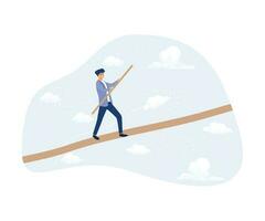 Conquering Adversity Problem, Man Walking Balancing with Briefcase on Long Wire Tightrope Risk Danger Business Challenge, flat vector modern illustration