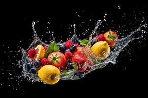 stock photo of water splash with various fruits fall isolated food photography