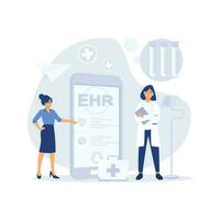 Electronic health record, EHR digital patient chart via smartphone.  flat vector modern illustration