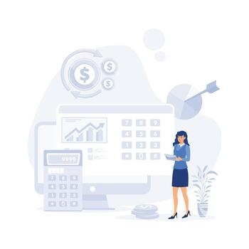 Software for accounting with sheet, formula, calculators. company bookkeeping report by accountants. flat vector modern illustration