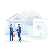 préstamo acuerdos pedir prestado dinero desde el banco, personal préstamo o financiero apoyo concepto, plano moderno vector ilustración