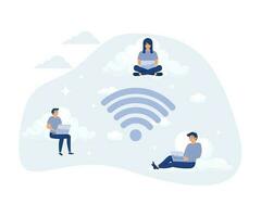 Wireless Connection,  Man and Woman Working, Social Networking and Chatting Using Cloud Storage, flat vector modern illustration