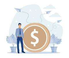 Earning, saving and investing money. Businessman is standing near a big dollar coin, flat vector modern illustration