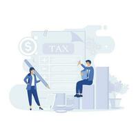 Financial data analysis illustration. Advisor with client analyzing financial report and calculating tax report. flat vector modern illustration