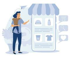 Online retail concept, Niche service marketplace, multi-device targeting, buy and sell products, startup launch, mobile user, flat vector modern illustration