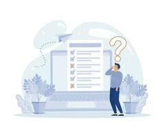 Online survey concept, Man thinking and fills out form of questionnaire, marking correct and incorrect answers,  flat vector modern illustration