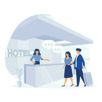 Receptionist job. Customers consulting manager at reception. Tourists checking in to hotel, flat vector modern illustration