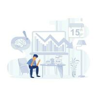 hombre con dolor de cabeza, migraña, estresado infeliz trastornado cansado hombres en oficina, plano moderno vector ilustración