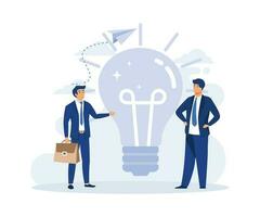 bright technology concepts, Change to new innovation, Success businessman leader give another businessman new idea lightbulb. flat vector modern illustration