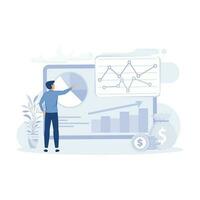 personas analizando financiero gráficos, gráficos, diagramas y otro datos. caracteres invertir dinero en valores mercado. plano moderno vector ilustración