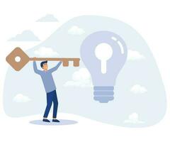 New Invention, Boy Holding Huge Key near light bulb,  Innovation, Successful Idea Symbol. Problem Solution, flat vector modern illustration