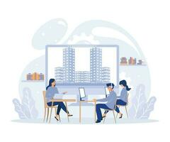 Real estate broker, Couple meeting broker in office, visiting real estate firm, realtor showing a house to customers, acquiring mortgage, flat vector modern illustration