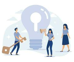 Inspirational Insight, People Carrying Key to Lightbulb with Keyhole. Workers, Employees Having Solution to Problem, flat vector modern illustration