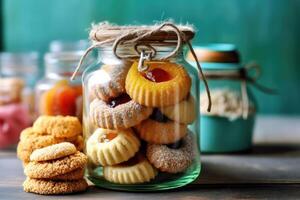 stock photo of Hallongrotta or thumbprint cookies in jar professional food photography ai generated