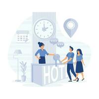 Hotel scene with couple checking in. Man and woman at reception counter with luggage, receptionist giving key from room. flat vector modern illustration